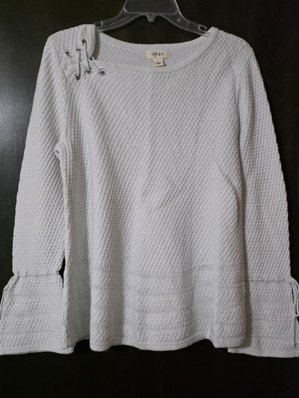 Style&Co Off White/Ivory Lace-Up Adjustable Sleeves Metallic Boho Sweater Size L